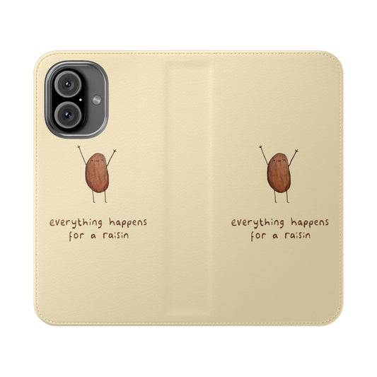 Flip phone case with a raisin-themed "everything happens for a raisin" quote design