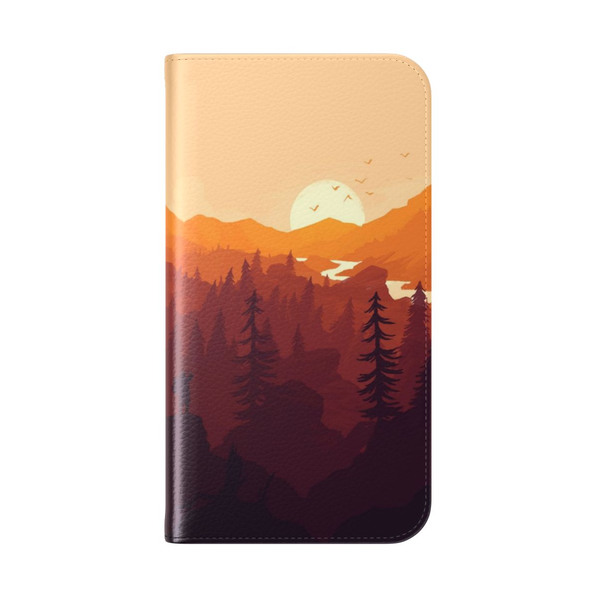 A minimalist phone case featuring a landscape design with mountains, trees, and a sunset. - Folded Back