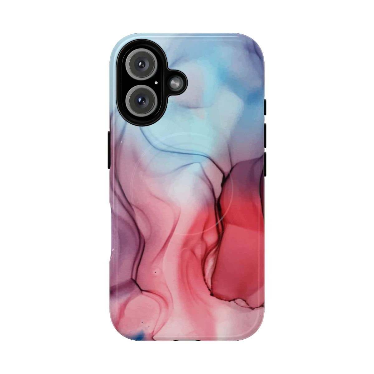 Vibrant abstract alcohol ink painting with flame-inspired fluid art design on a protective phone case.