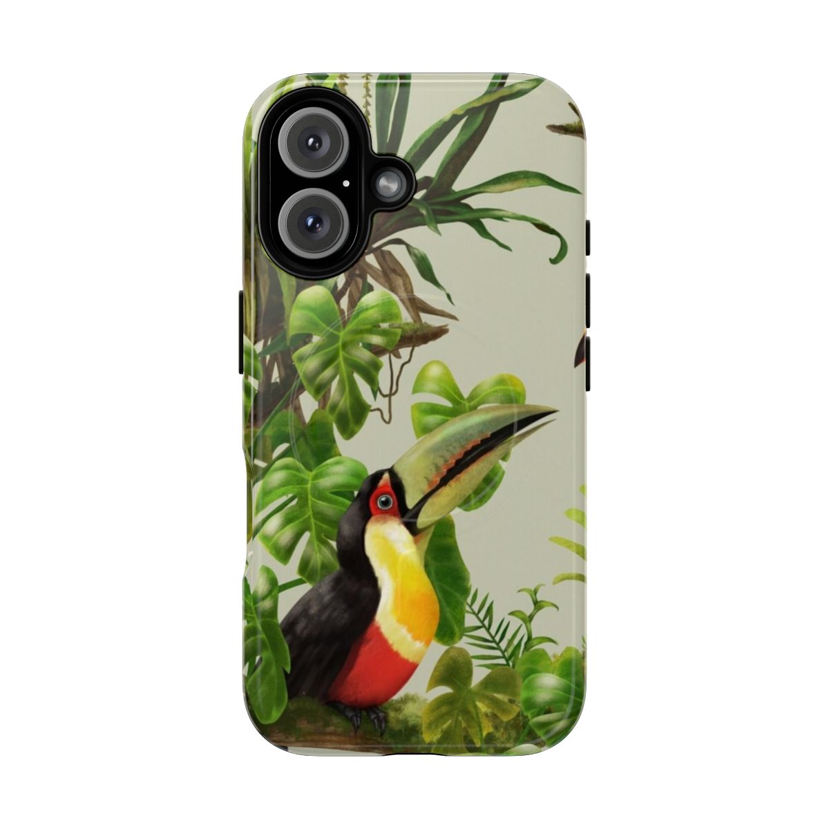 Vibrant toucans and bromeliads on a tropical, lush background