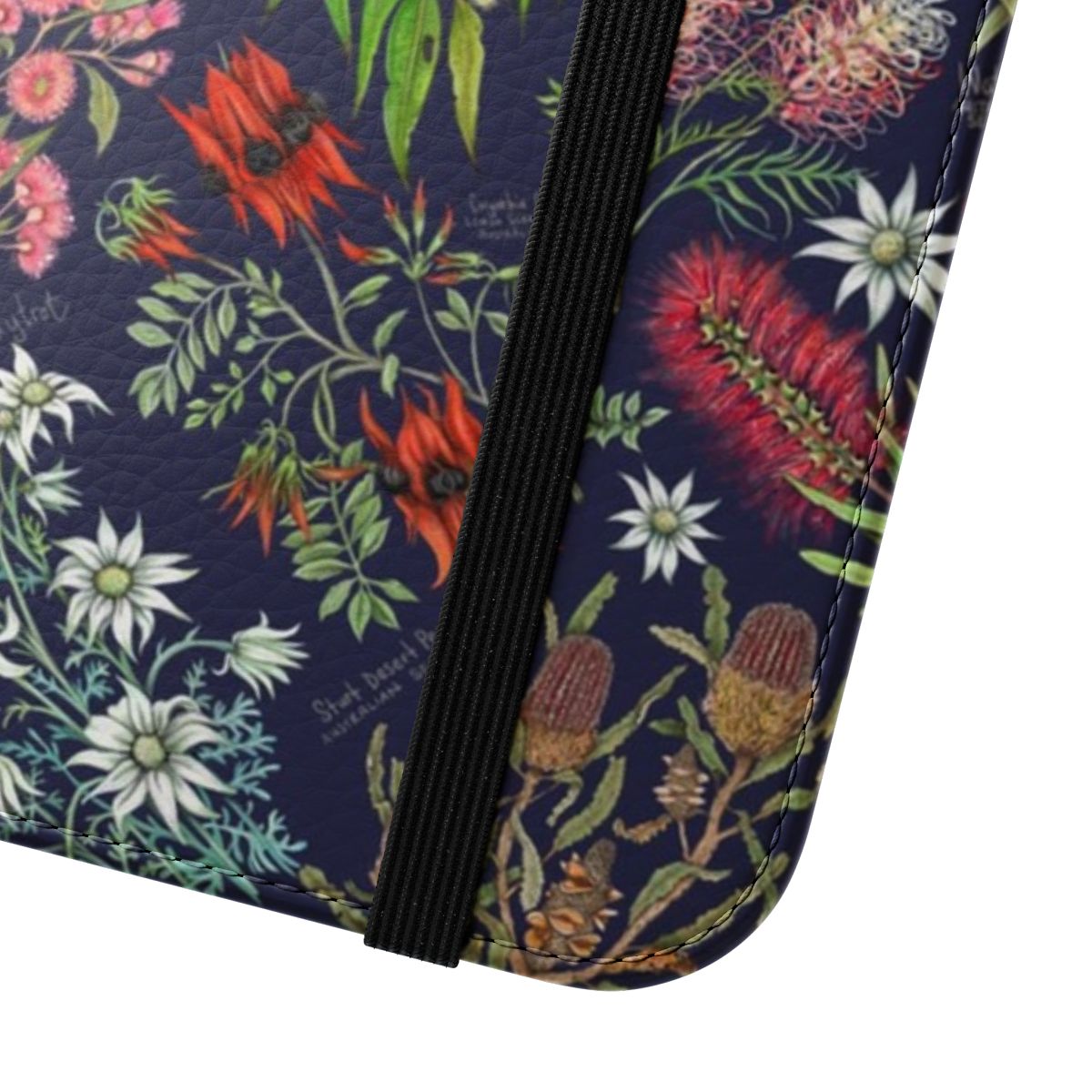 Navy blue phone case featuring a hand-drawn floral design with native Australian botanical illustrations - Close Up