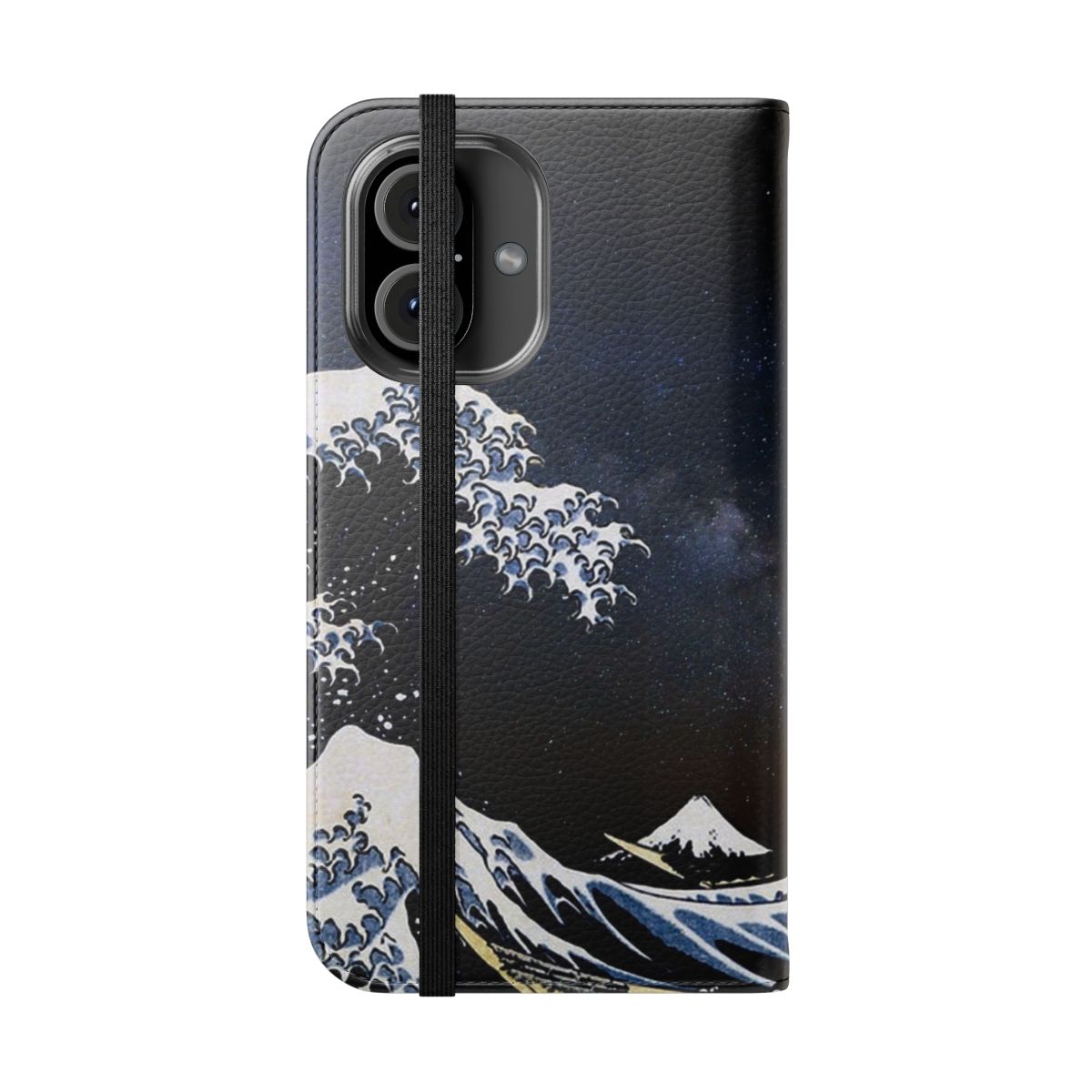 Vibrant Japanese ukiyo-e style wave artwork on a protective phone case. - Folded Front