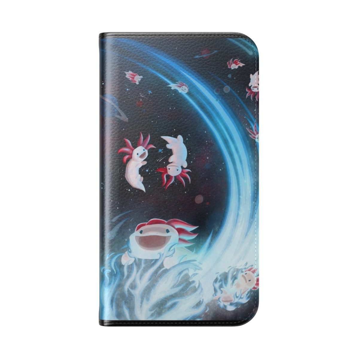 Whimsical phone case featuring an axolotl in an outer space, galaxy-themed design - Folded Back