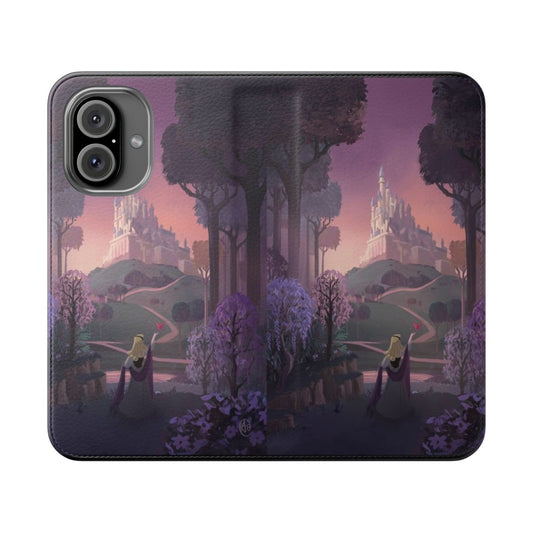 Flip cover phone case with a pastel illustration of a forest, dream, and sleeping beauty-inspired design