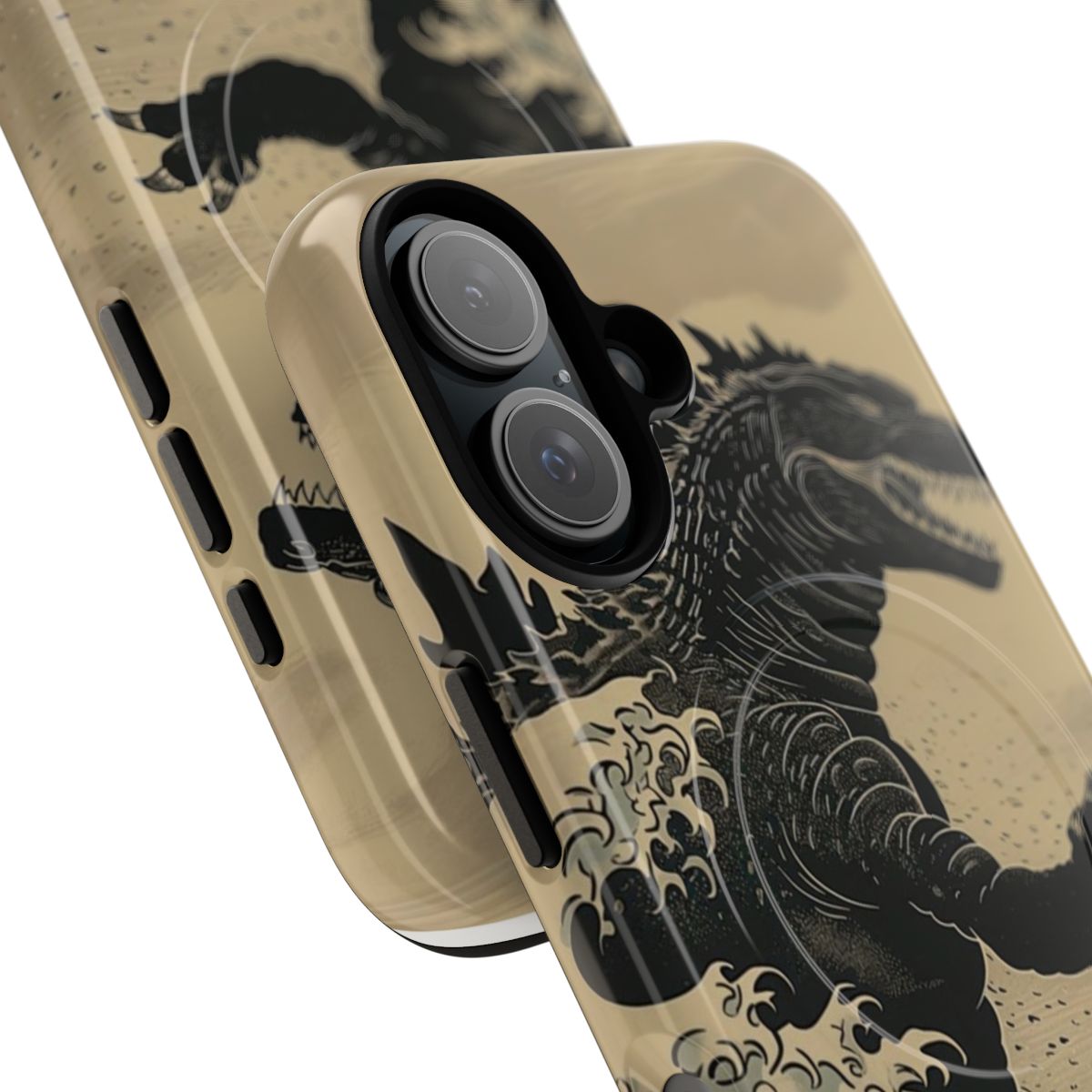 Godzilla Surfing The Great Wave Off Kanagawa Vintage Parody Phone Case - Detail