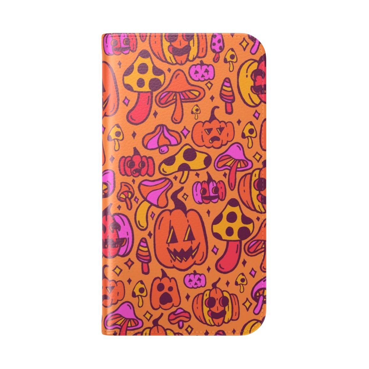 A colorful phone case featuring pumpkins and mushrooms in fall hues. - Folded Back