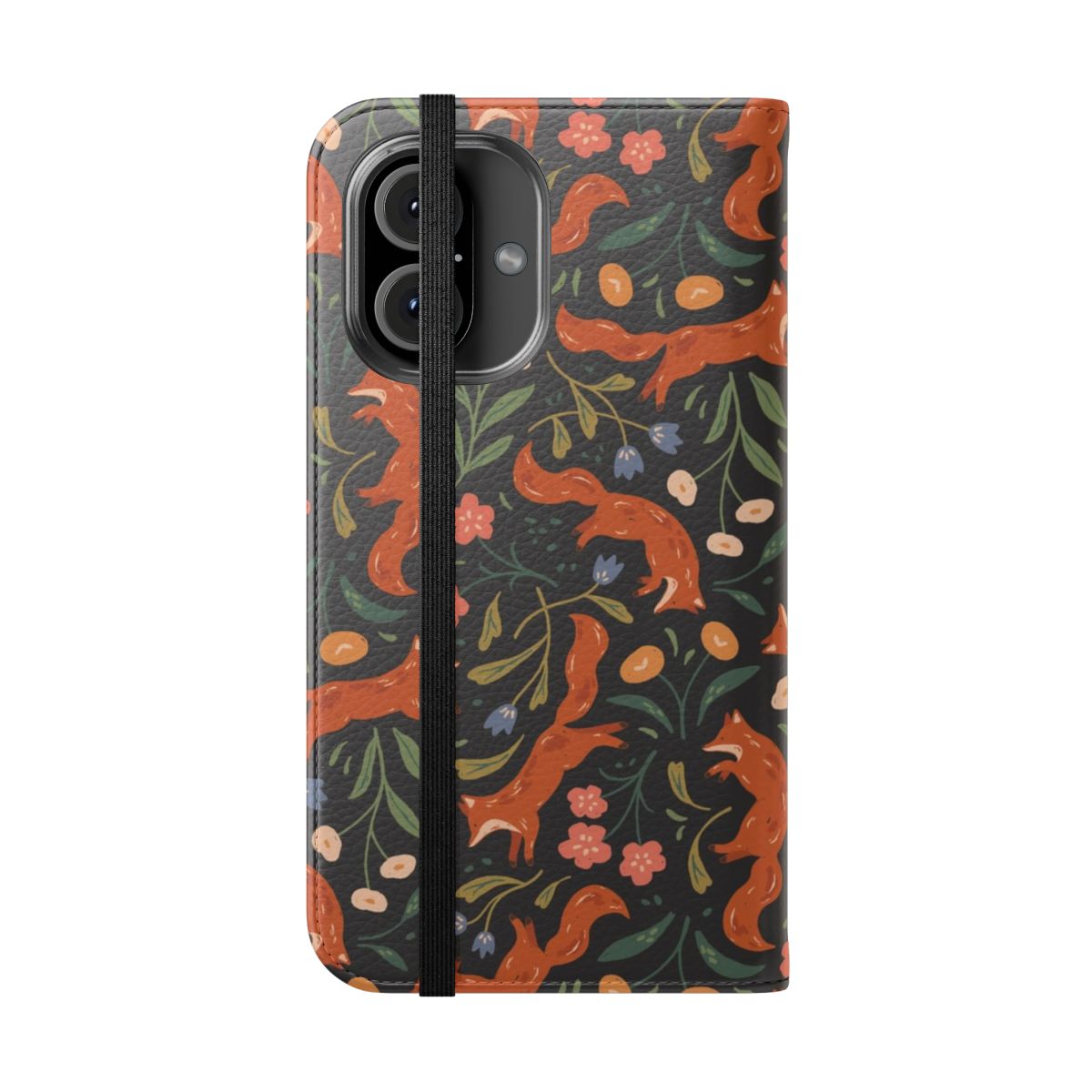 Vibrant floral phone case design featuring playful foxes in a botanical, whimsical pattern - Folded Front