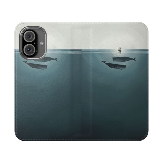 A flip cover phone case featuring a design with whales swimming in the deep blue ocean.