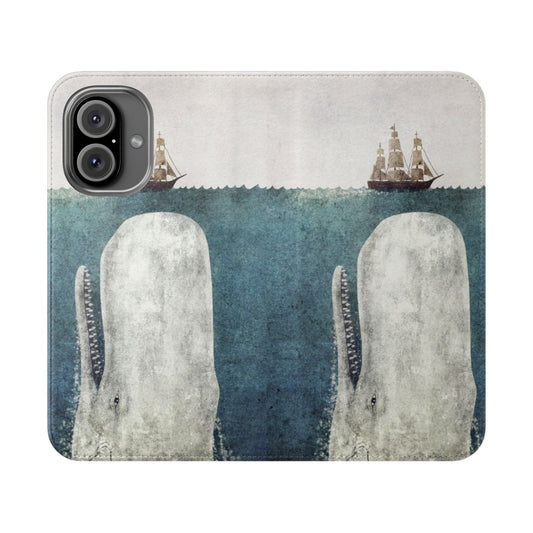 A vintage-inspired flip cover phone case featuring an illustration of a white whale in the ocean.