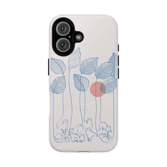 A minimalist phone case featuring a cat and plant design with lines, leaves, and a sun landscape.