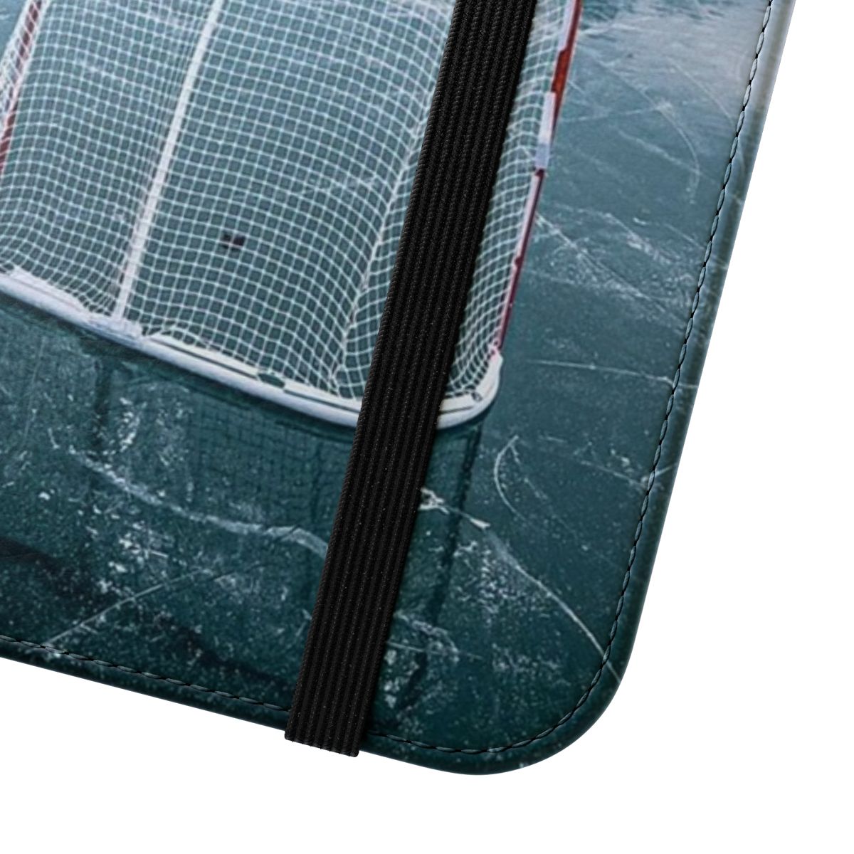 Outdoor rink themed phone case with hockey elements - Close Up