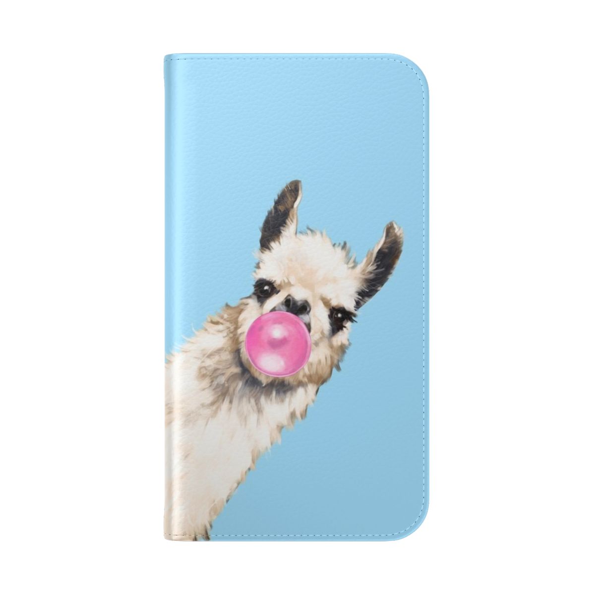 Illustration of a sneaky llama blowing bubble gum on a blue flip phone case - Folded Back