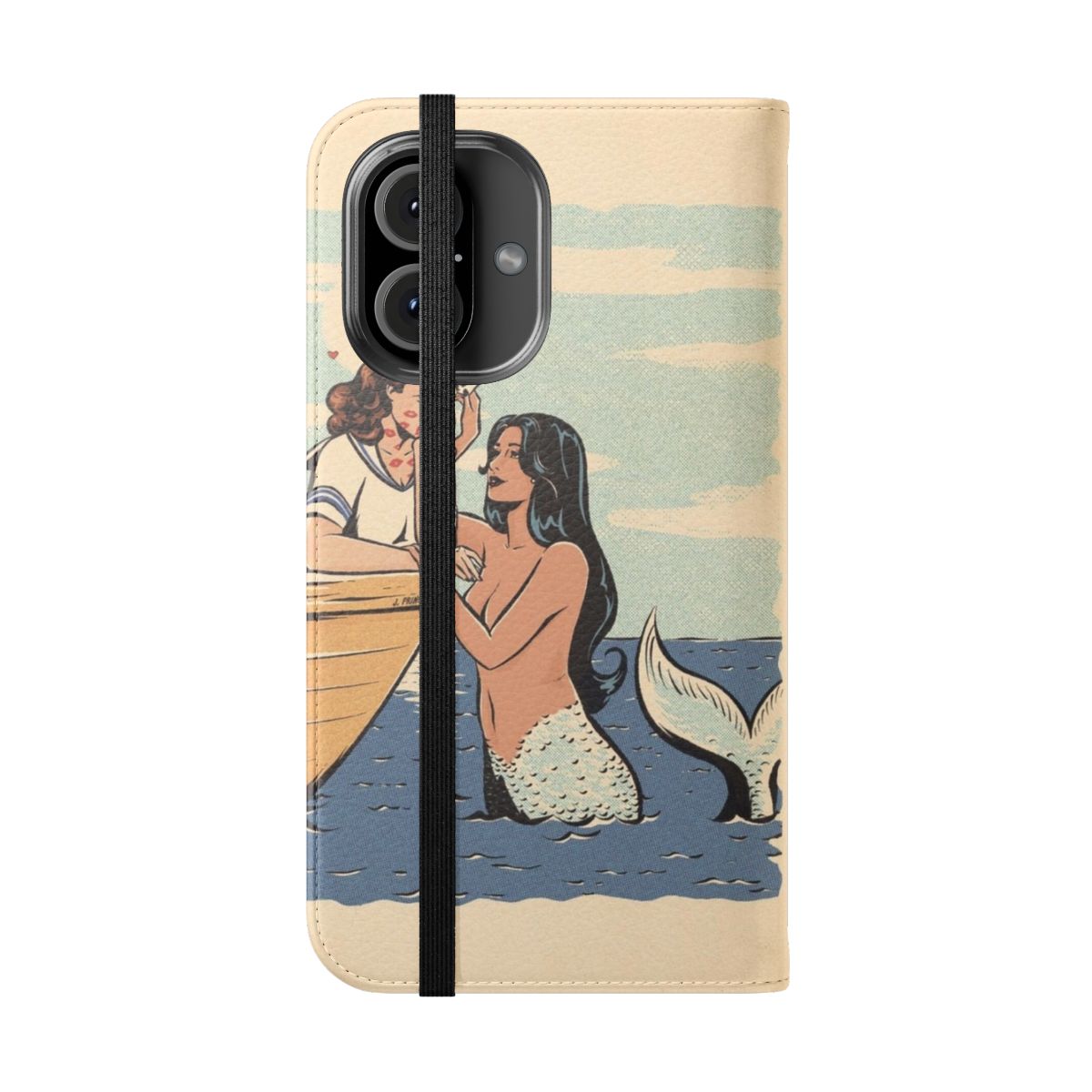 Vintage-style phone case featuring a mermaid design with sapphic art and LGBTQ pride elements. - Folded Front