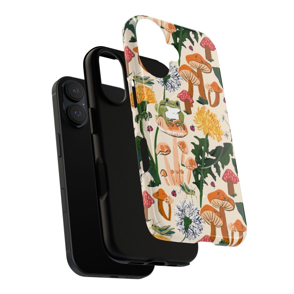 Magnetic tough phone case featuring a vibrant pattern with frogs, grasshoppers, ladybugs, mushrooms, and dandelions in a forest setting. - Layers