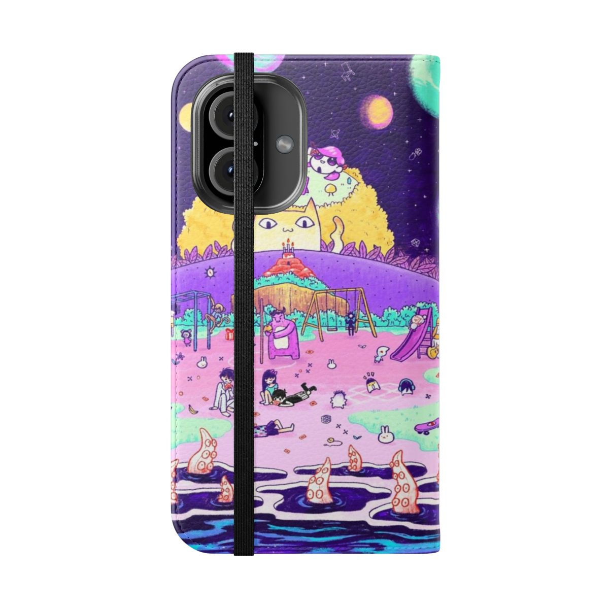 Vibrant flip cover phone case featuring Omori-inspired anime artwork with purple tentacles and a textured design. - Folded Front