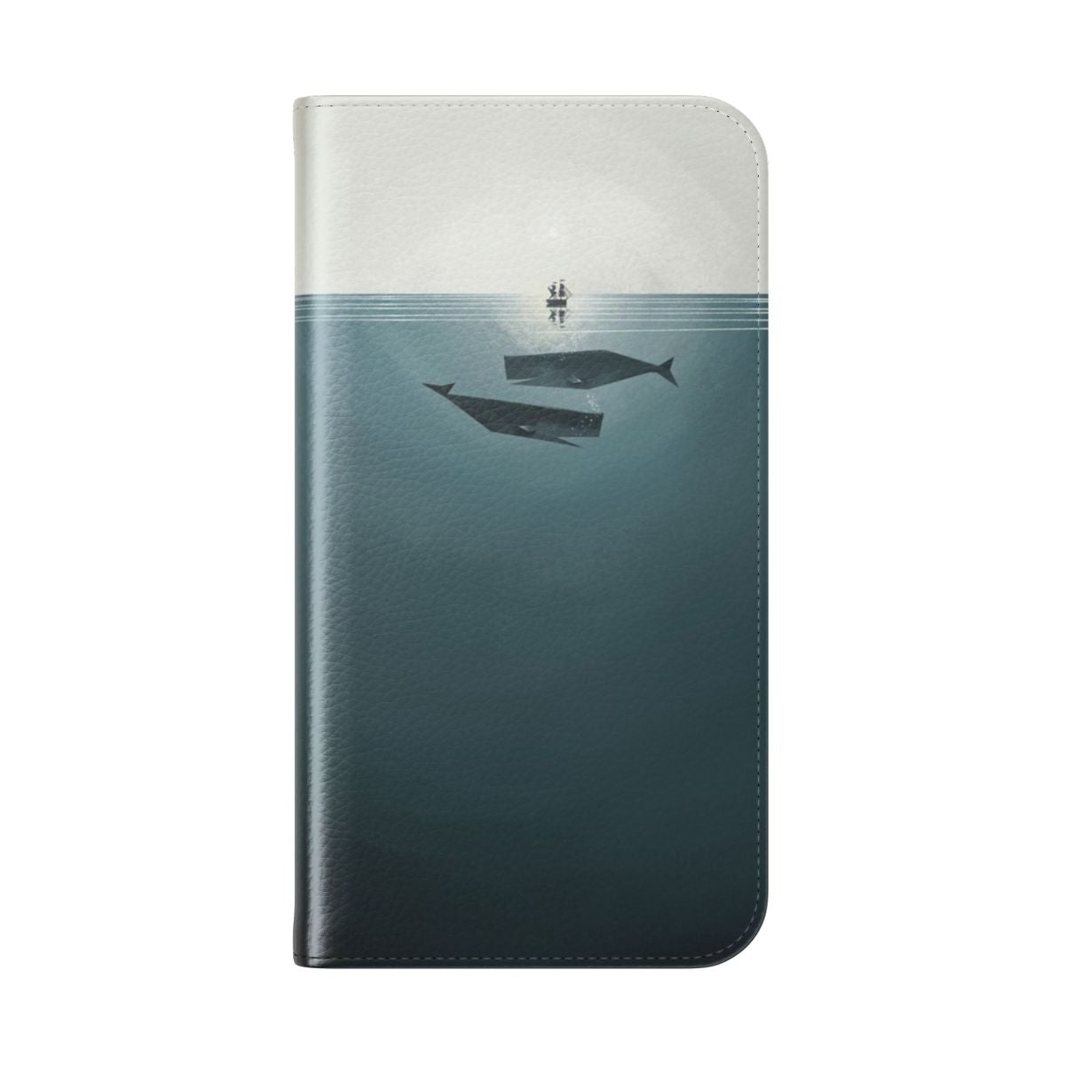 A flip cover phone case featuring a design with whales swimming in the deep blue ocean. - Folded Back