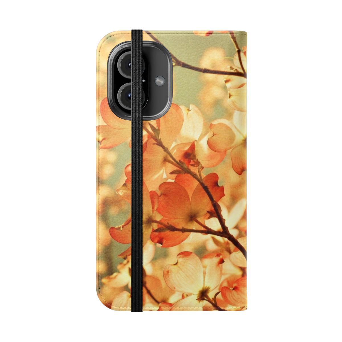 Vintage style flip cover phone case featuring pink spring flowers, a dreamy botanical design. - Folded Front