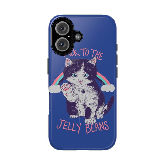 Retro-style phone case with a cute cat and rainbow design