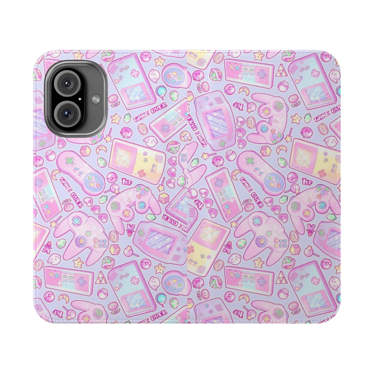 Pastel-colored flip phone case with retro gaming and kawaii design