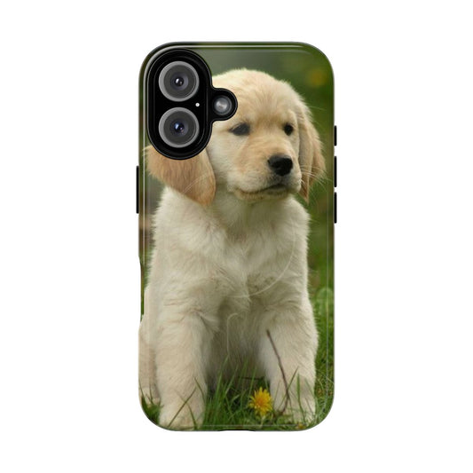 A magnetic and durable phone case featuring an adorable golden retriever puppy design.