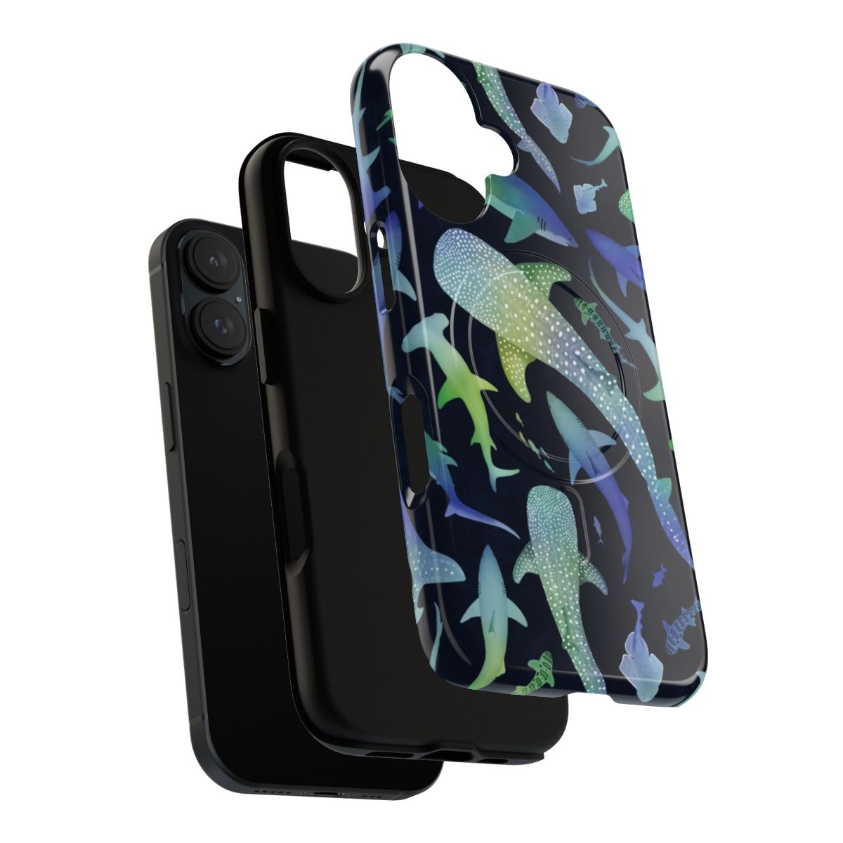 A navy blue phone case with a watercolor design featuring blue and green sharks and ocean elements. - Layers