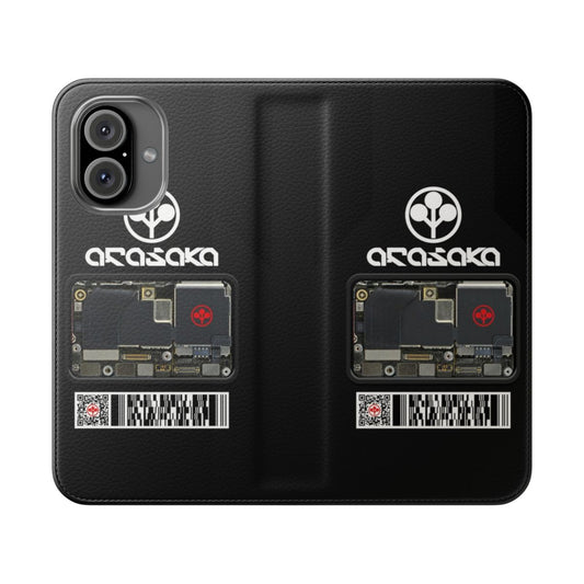 Cyberpunk-inspired flip cover phone case with Arasaka corporate logo