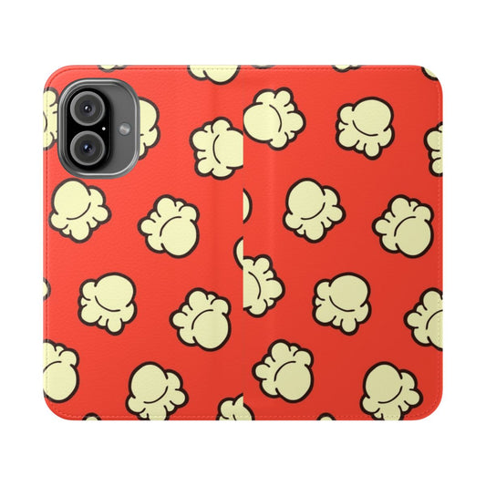 Illustrated popcorn pattern phone case in red, yellow, cream, and brown colors.