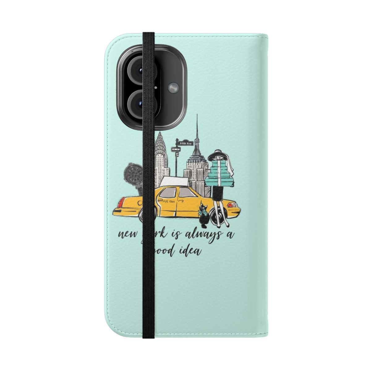 Flip cover phone case with a Breakfast at Tiffany's-inspired design featuring the iconic New York cityscape and Tiffany blue color scheme. - Folded Front