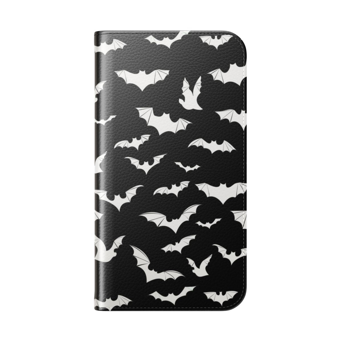 A flip phone case featuring a bat design, perfect for Halloween and gothic fashion. - Folded Back