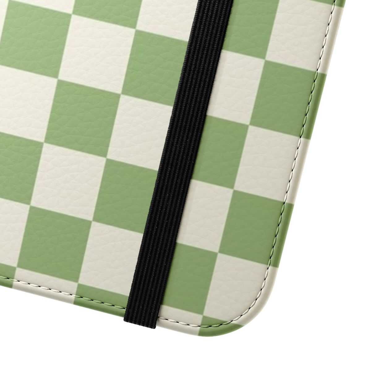 Checkerboard pattern phone case in light sage green and cream - Close Up