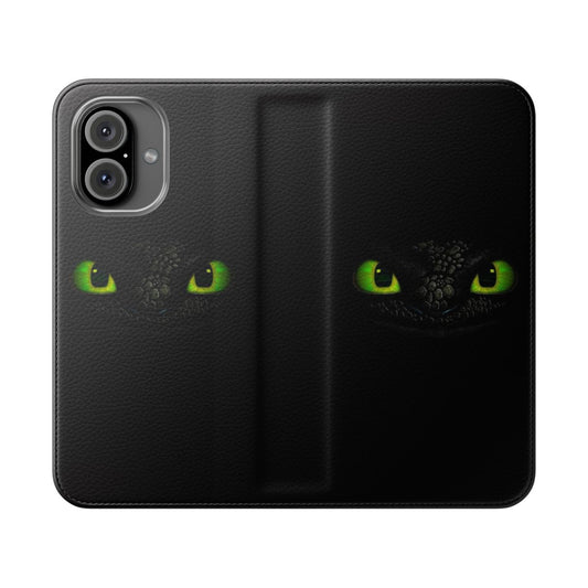 A flip phone case featuring the iconic eyes of the Night Fury dragon from the How to Train Your Dragon series.