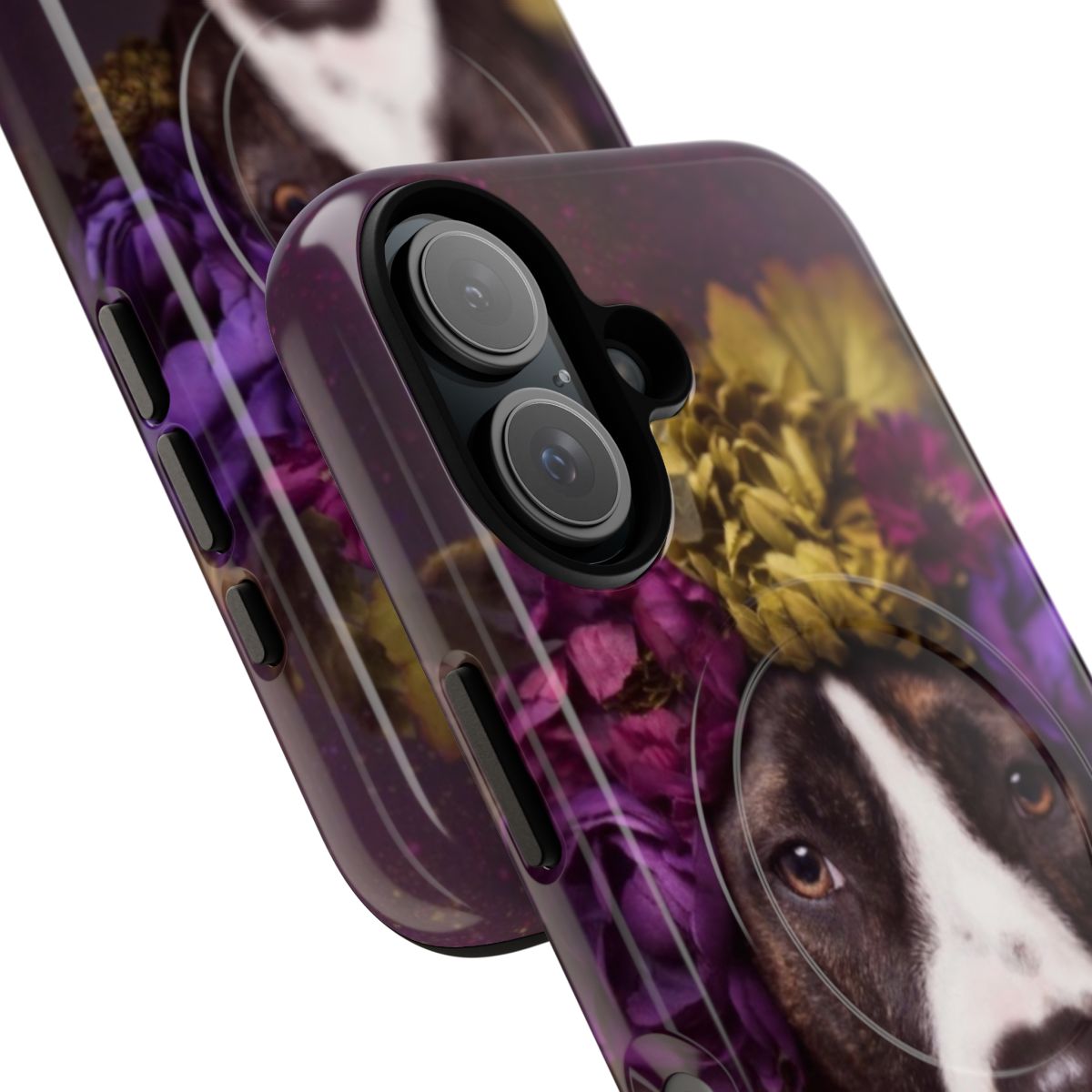 Colorful flower crown adorned pitbull on a magnetic tough phone case - Detail