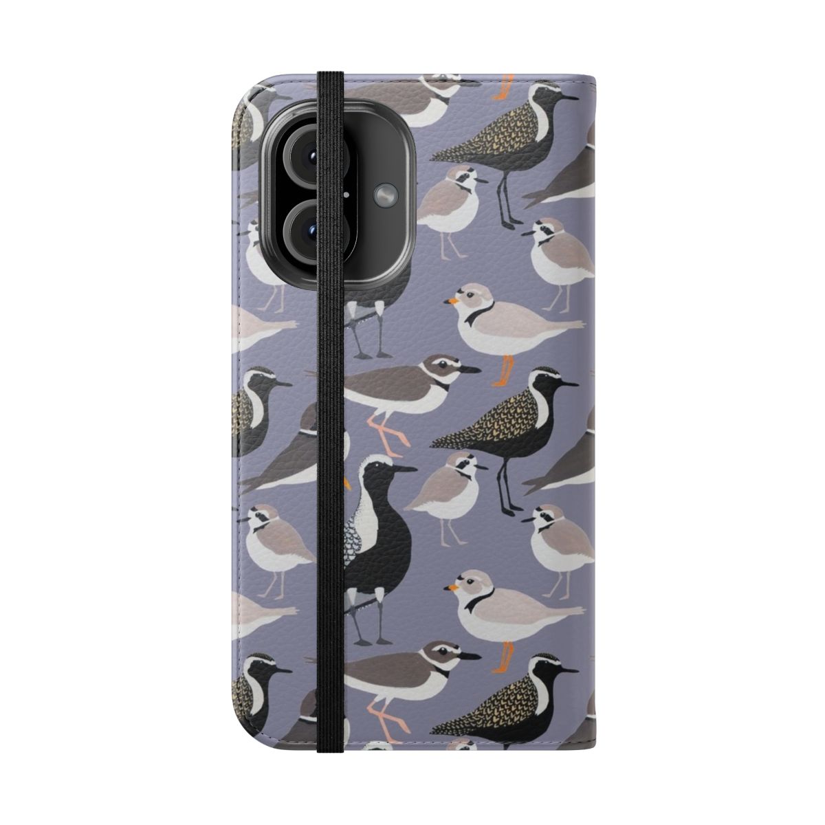 Flip cover phone case featuring a colorful illustration of various plover shorebirds in a natural beach setting. - Folded Front