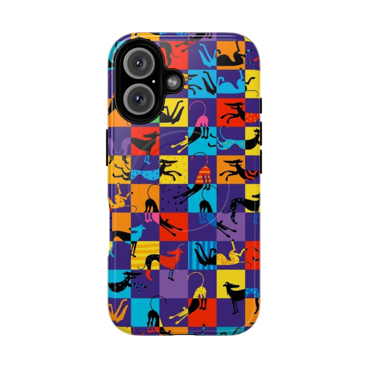 Colorful pop art-inspired phone cases featuring greyhounds, lurchers, and whippets