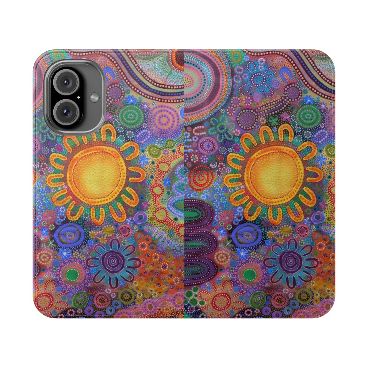 Vibrant phone case featuring aboriginal-inspired art design by Renee Clifton