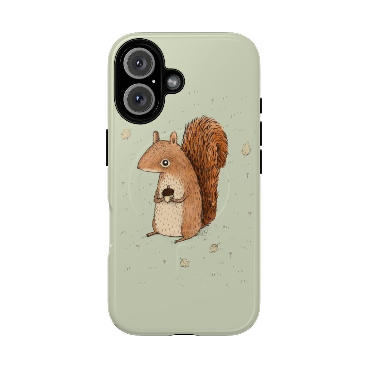 A red squirrel sitting on a tree branch surrounded by autumn leaves and acorns, featured on a magnetic phone case.