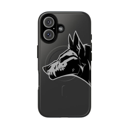 A black phone case with a detailed wolf skull design