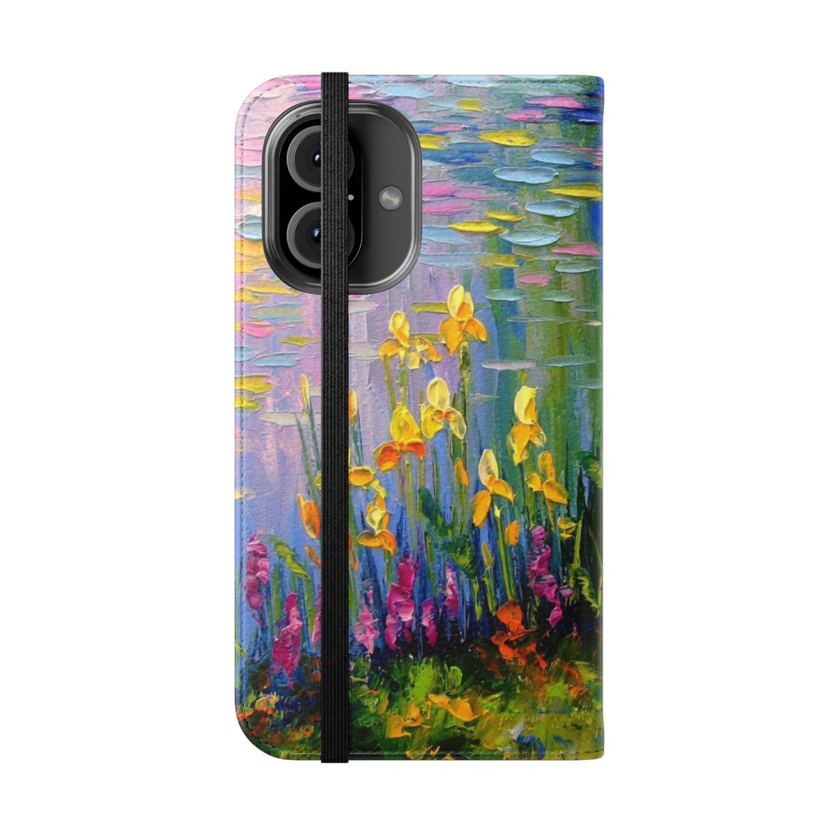 Floral phone case design with flowers and pond - Folded Front