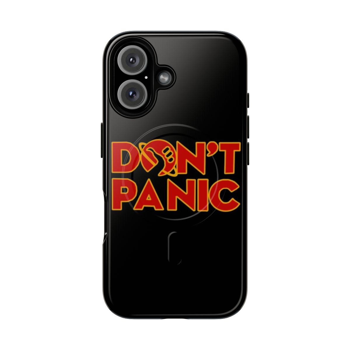 A durable phone case featuring the iconic "Don't Panic" phrase from The Hitchhiker's Guide to the Galaxy.