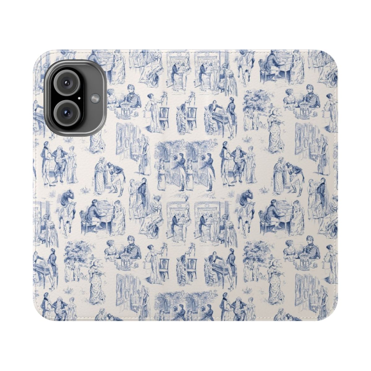 A vintage-style phone case featuring the iconic De Jouy pattern, inspired by the beloved novel "Pride and Prejudice" by Jane Austen.