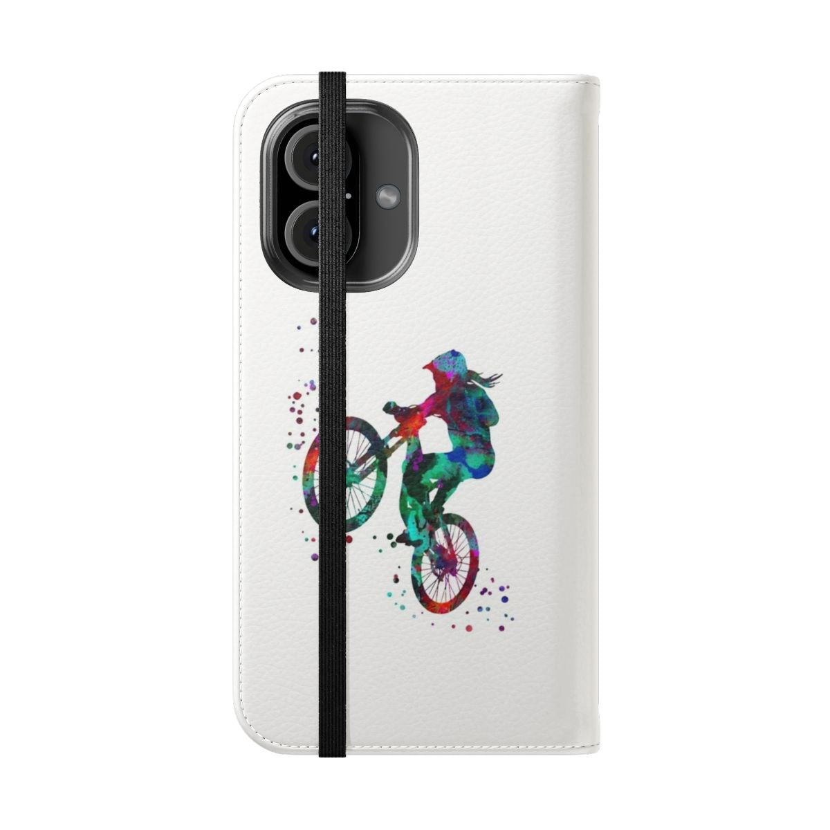 Flip cover phone case with a vibrant watercolor mountain biking design - Folded Front