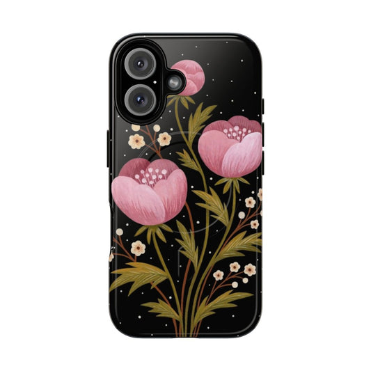 Artistic floral phone case featuring a dark, botanical design with blooming flowers in a night setting.