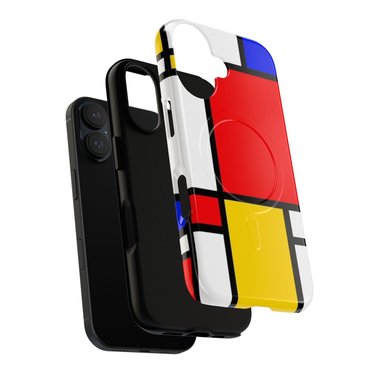 A colorful, modern phone case with a Piet Mondrian-inspired abstract art design. - Layers