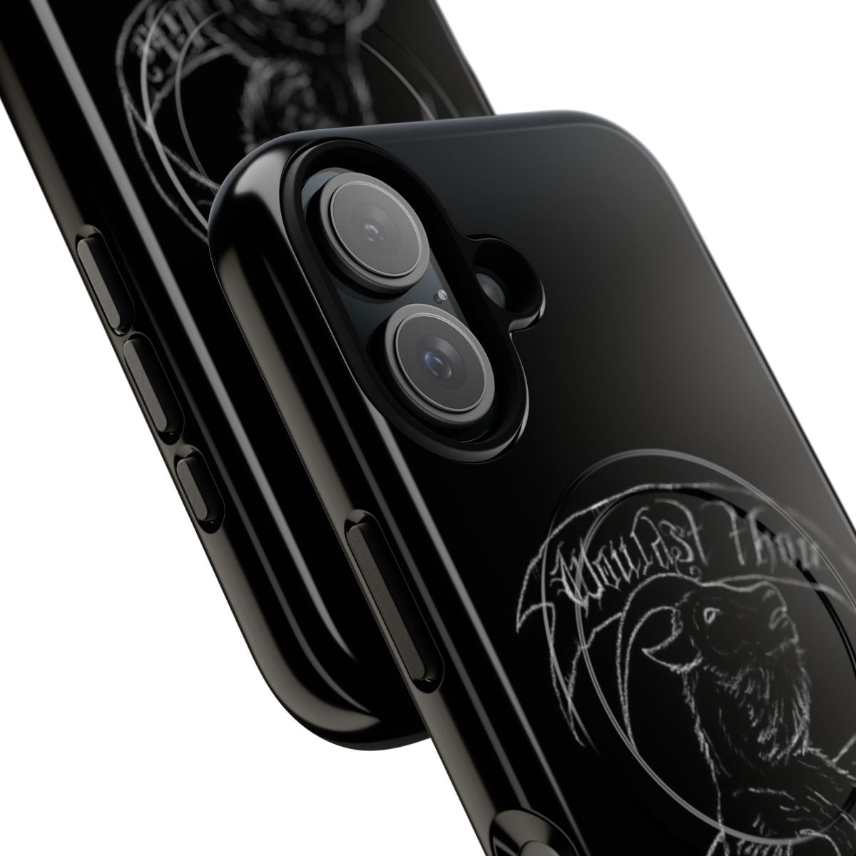 Black Phillip themed phone case with gothic and occult designs - Detail