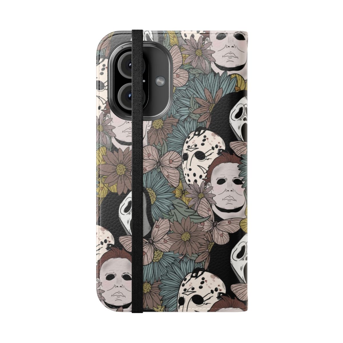 Horror-inspired floral design phone case with flip cover - Folded Front