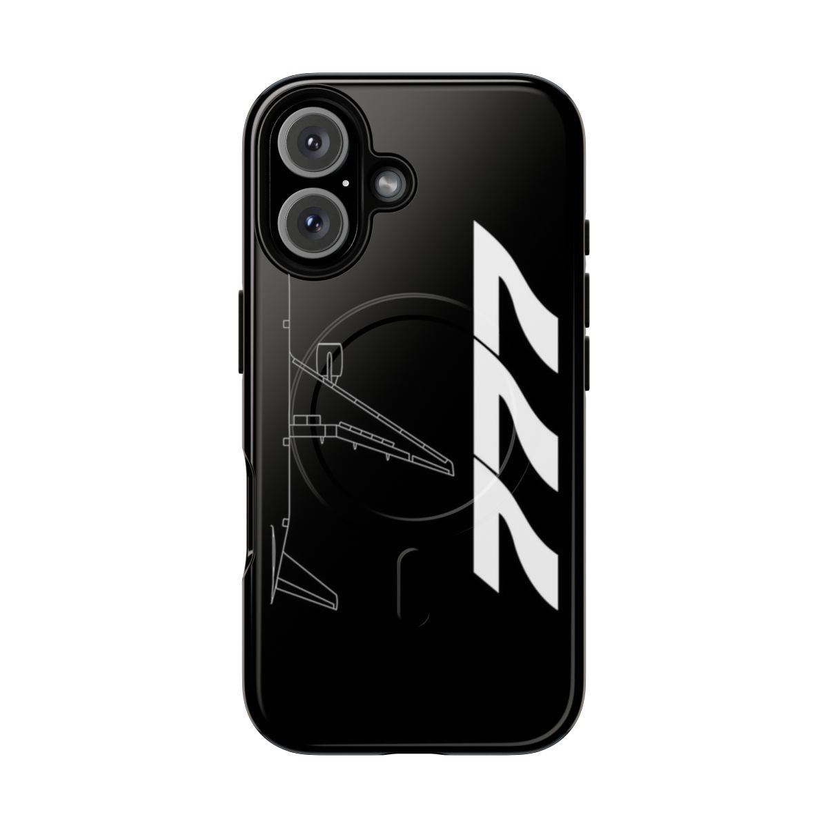 Sleek black and white phone case featuring a top-down view of a Boeing 777 aircraft.