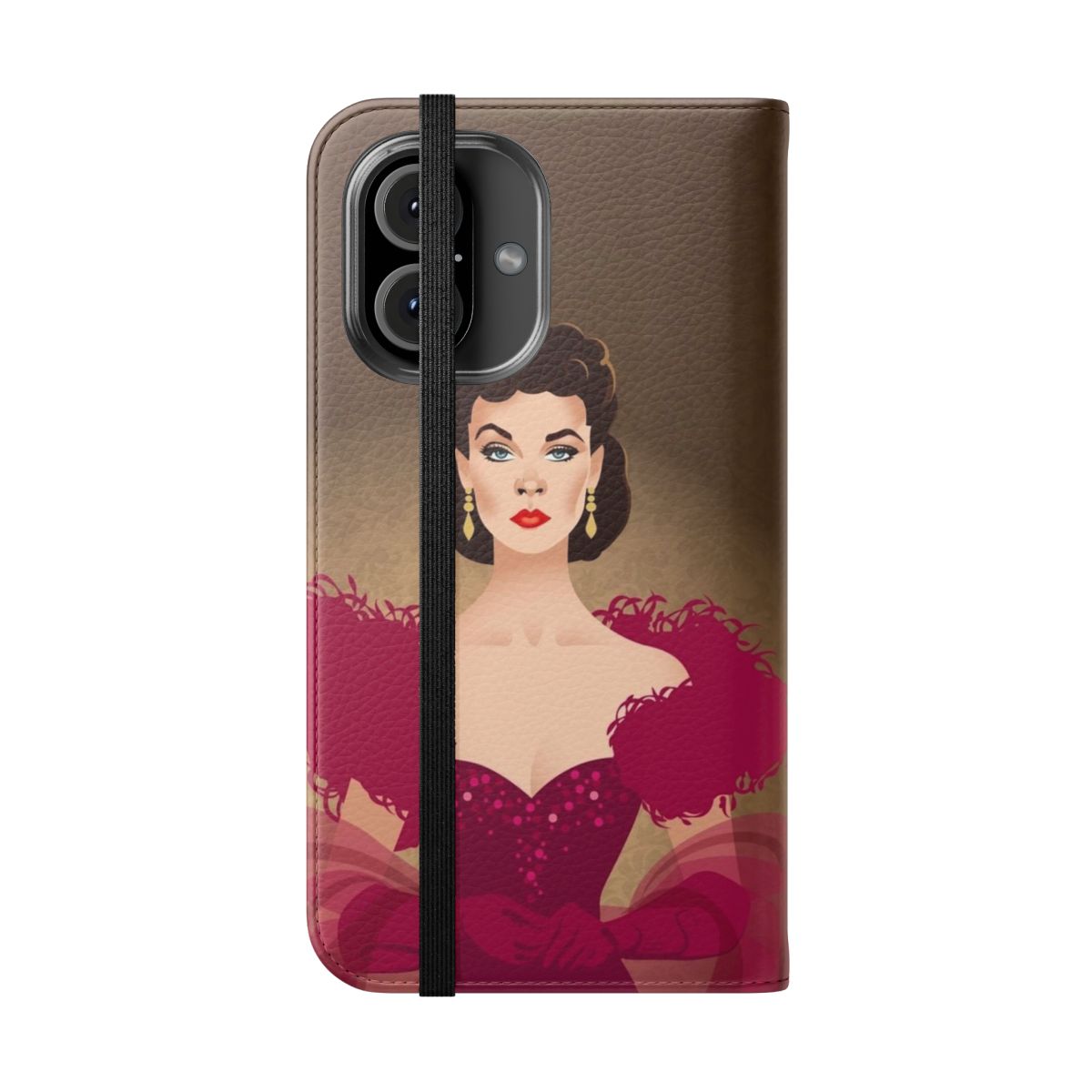 Burgundy dress-printed flip cover phone case with stylish art design - Folded Front