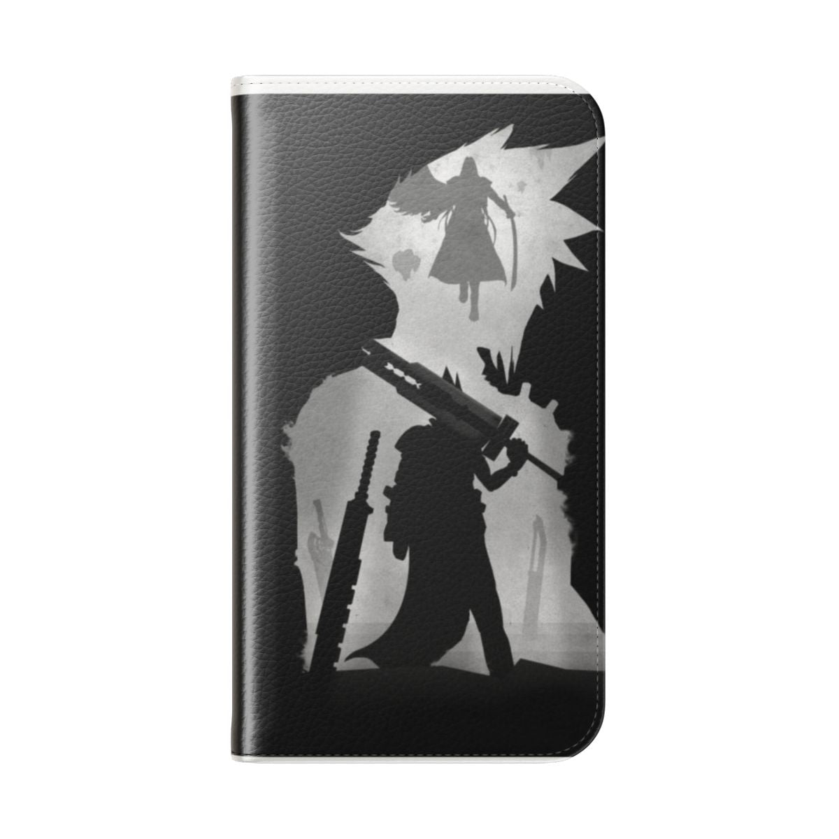 Artistic black and white shadow design of characters from the popular Final Fantasy video game series on a flip cover phone case. - Folded Back