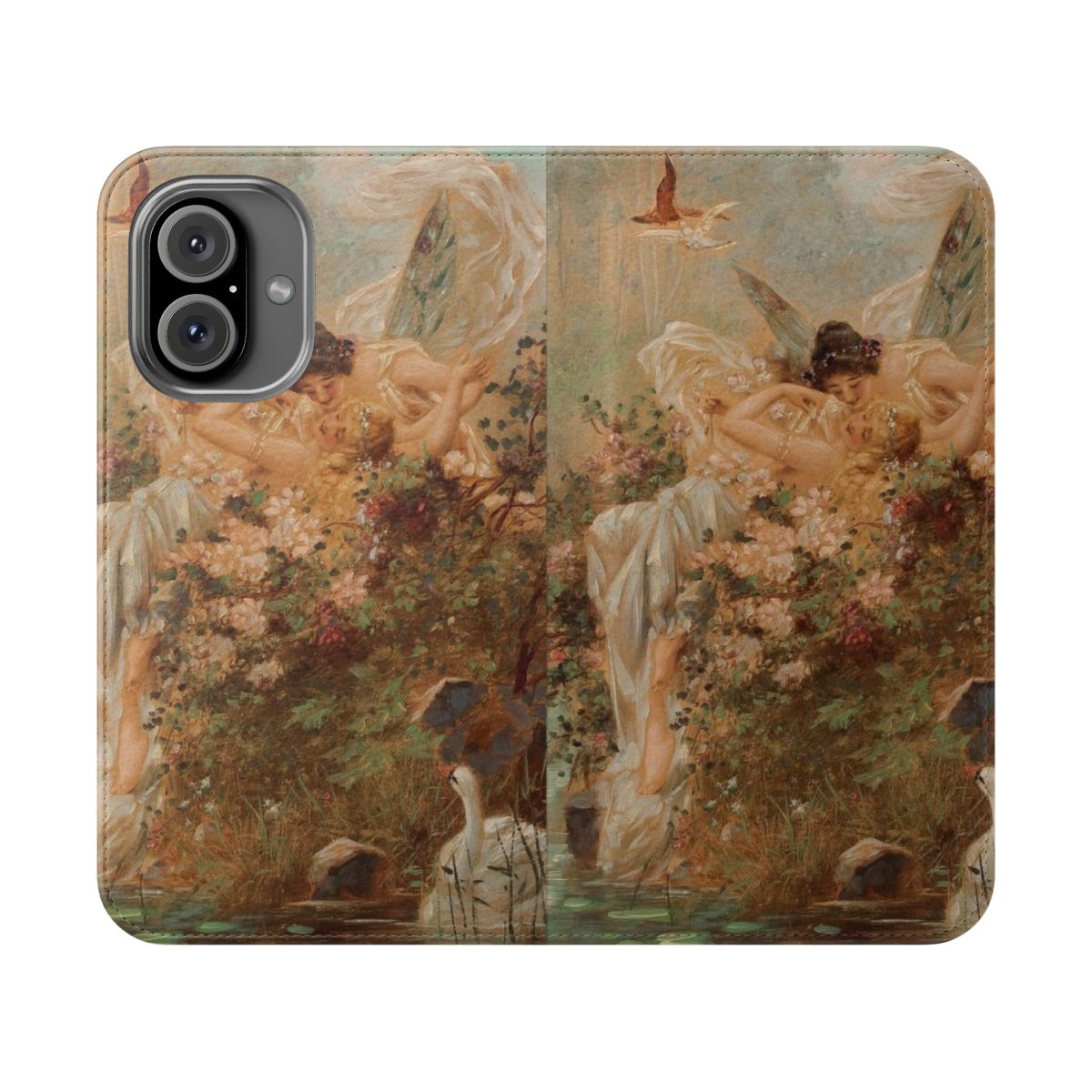 Flip phone cover featuring a romantic renaissance-style painting with fairycore and cottagecore elements.