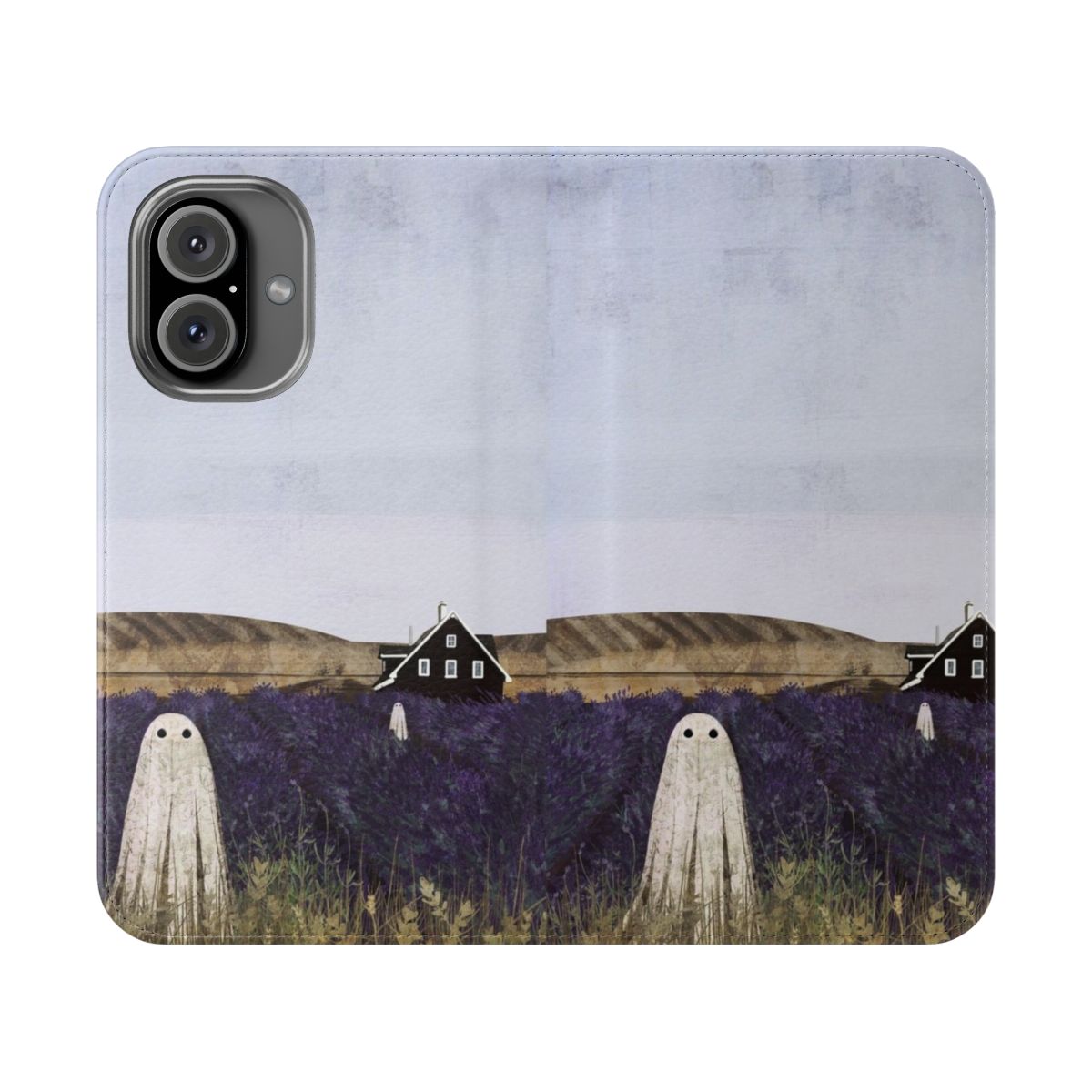 Lavender fields inspired flip cover phone case with a haunted house design